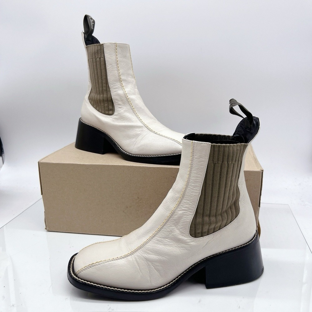 Chloe Bea LOGO Heel Chelsea Boots Neutrals Leather Womens EU 36.5 US 6.5 $1050